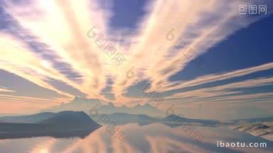 辐射状的云在山上的湖上反射，<strong>照亮</strong>了日落